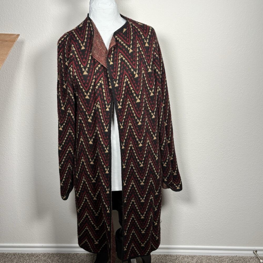 NY Collection Red Tribal Patterned Knit Long Open Cardigan Sweater Plus Size 1X